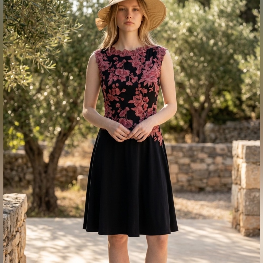 Tadashi Shoji Dress 8 Black Pink Floral Lace Fit Flare Cocktail Wedding Guest